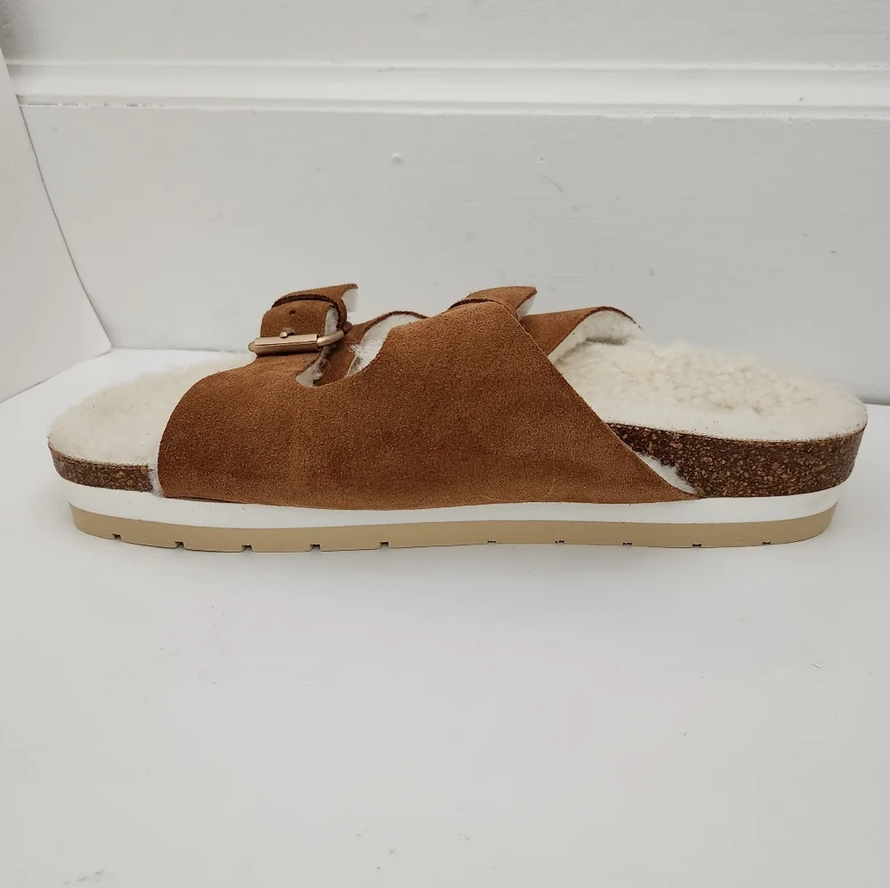 Boden tan suede faux fur cozy slippers footbed sandals slide women size 41